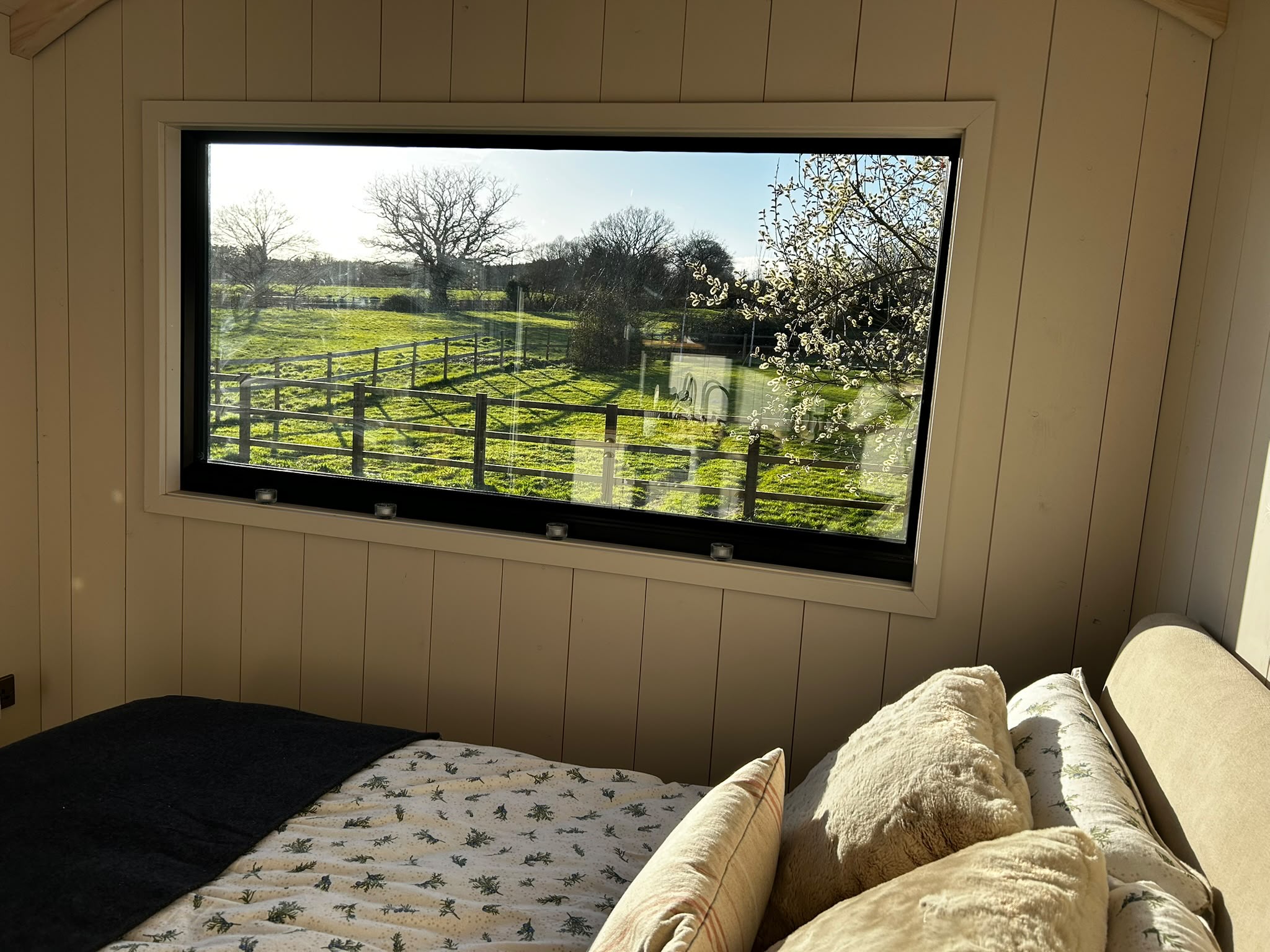 Bed with cushions beneath a wide window looking onto the fields